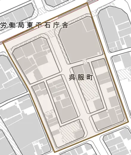 呉服町とその周辺の地図。町の範囲を重ねている