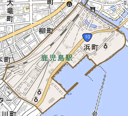浜町とその周辺の地図。町の範囲を重ねている