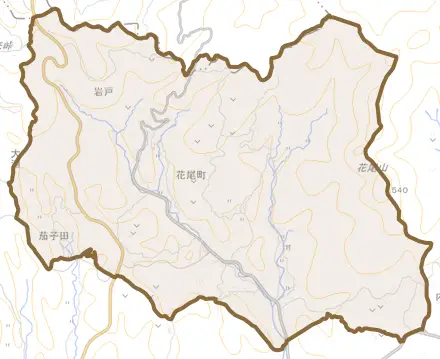 花尾町とその周辺の地図。町の範囲を重ねている