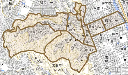 原良とその周辺の地図。町の範囲を重ねている