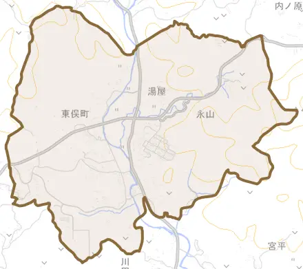 東俣町とその周辺の地図。町の範囲を重ねている