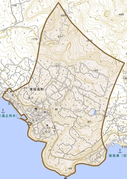 東桜島町とその周辺の地図。町の範囲を重ねている
