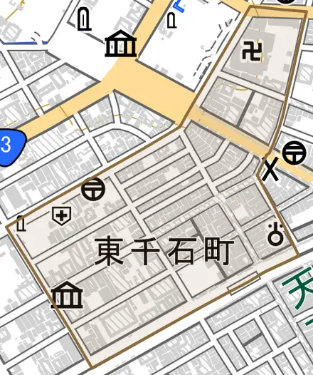 東千石町とその周辺の地図。町の範囲を重ねている