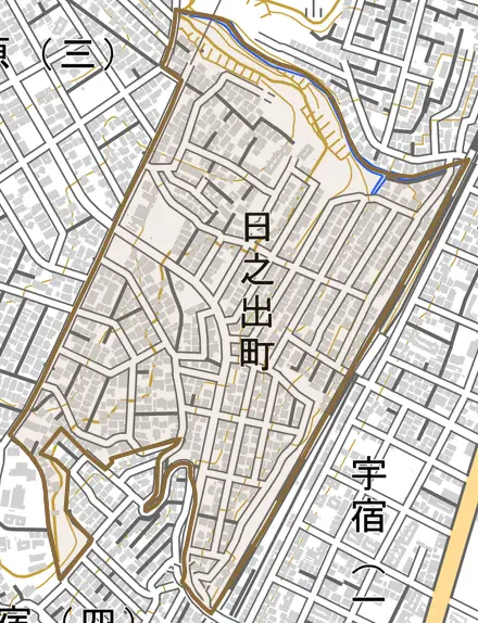 日之出町とその周辺の地図。町の範囲を重ねている