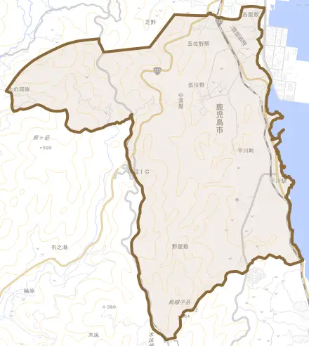 平川町とその周辺の地図。町の範囲を重ねている
