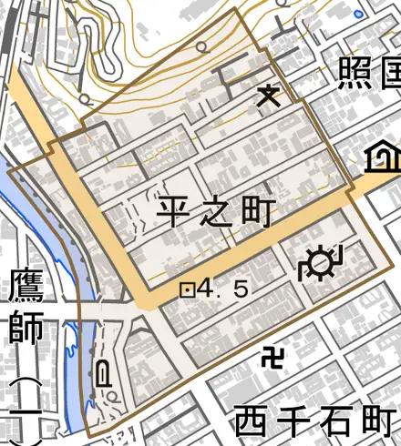 平之町とその周辺の地図。町の範囲を重ねている