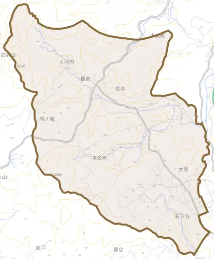 本名町とその周辺の地図。町の範囲を重ねている