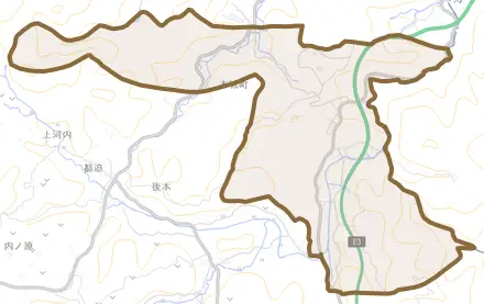 本城町とその周辺の地図。町の範囲を重ねている