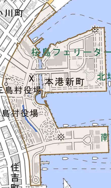 本港新町とその周辺の地図。町の範囲を重ねている