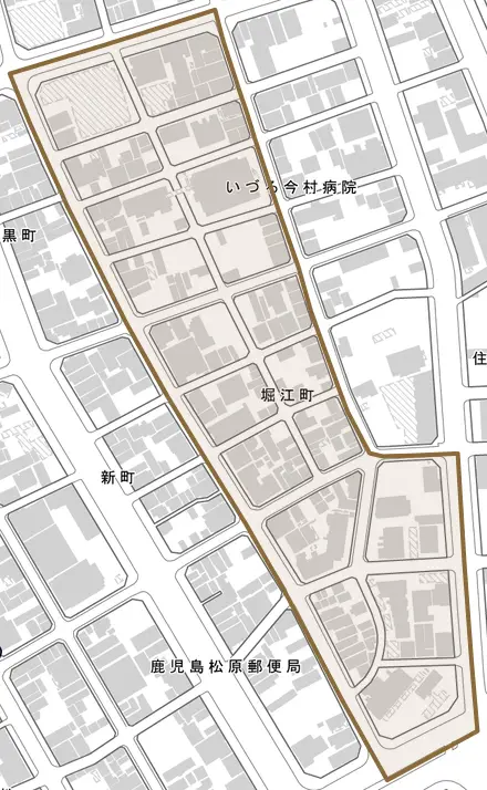 堀江町とその周辺の地図。町の範囲を重ねている