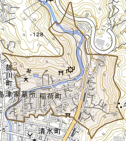 稲荷町とその周辺の地図。町の範囲を重ねている