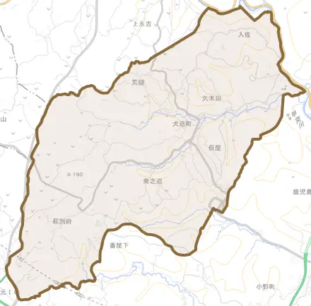 犬迫町とその周辺の地図。町の範囲を重ねている