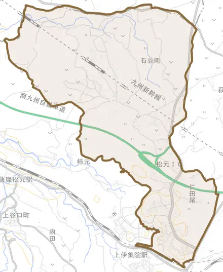 石谷町とその周辺の地図。町の範囲を重ねている