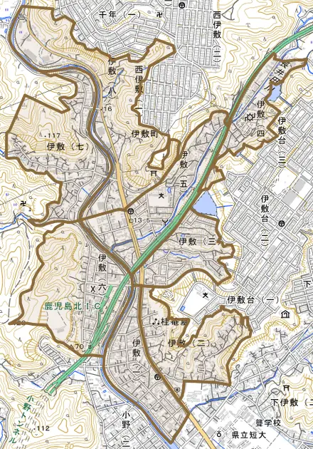 伊敷とその周辺の地図。町の範囲を重ねている