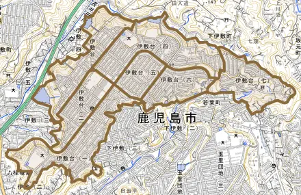 伊敷台とその周辺の地図。町の範囲を重ねている