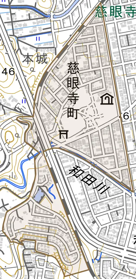 慈眼寺町とその周辺の地図。町の範囲を重ねている