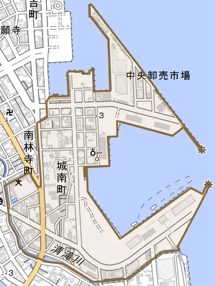 城南町とその周辺の地図。町の範囲を重ねている