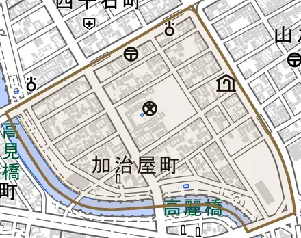 加治屋町とその周辺の地図。町の範囲を重ねている
