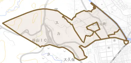 上福元町とその周辺の地図。町の範囲を重ねている