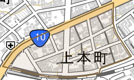 上本町とその周辺の地図。町の範囲を重ねている