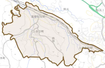上谷口町とその周辺の地図。町の範囲を重ねている