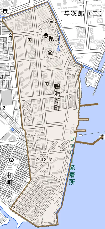 鴨池新町とその周辺の地図。町の範囲を重ねている