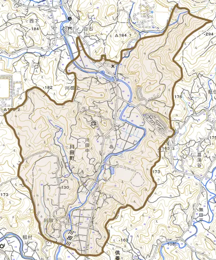 川田町とその周辺の地図。町の範囲を重ねている