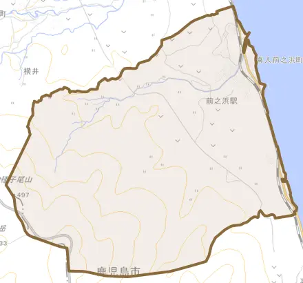 喜入前之浜町とその周辺の地図。町の範囲を重ねている