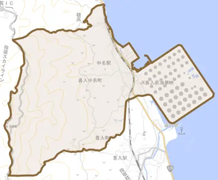 喜入中名町とその周辺の地図。町の範囲を重ねている