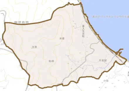 喜入生見町とその周辺の地図。町の範囲を重ねている