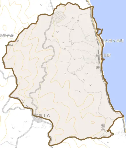 喜入瀬々串町とその周辺の地図。町の範囲を重ねている