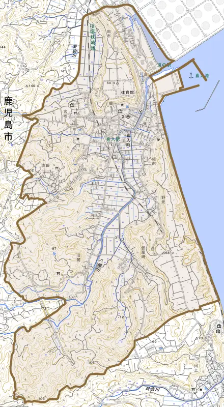 喜入町とその周辺の地図。町の範囲を重ねている