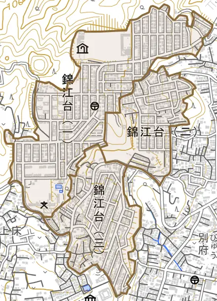 錦江台とその周辺の地図。町の範囲を重ねている