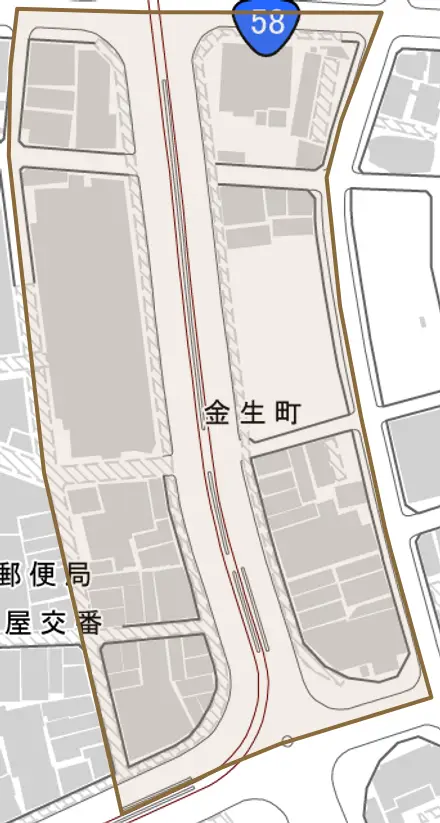 金生町とその周辺の地図。町の範囲を重ねている