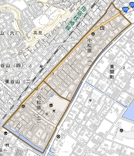 小松原とその周辺の地図。町の範囲を重ねている