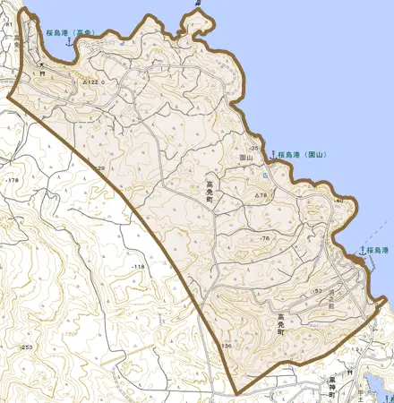 高免町とその周辺の地図。町の範囲を重ねている