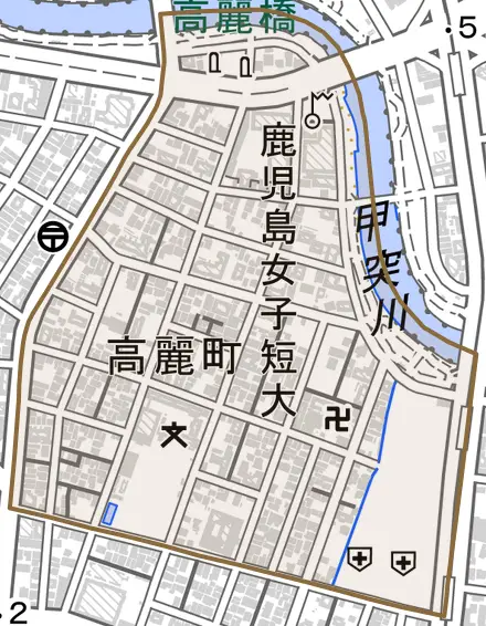高麗町とその周辺の地図。町の範囲を重ねている