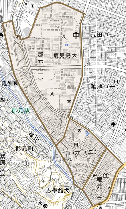 郡元とその周辺の地図。町の範囲を重ねている