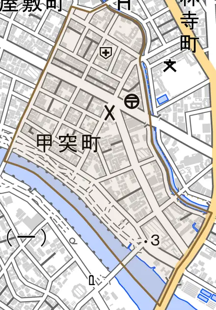 甲突町とその周辺の地図。町の範囲を重ねている
