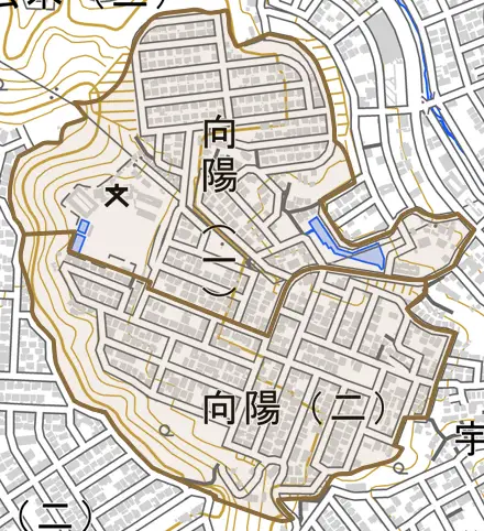 向陽とその周辺の地図。町の範囲を重ねている