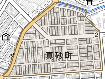 真砂町とその周辺の地図。町の範囲を重ねている