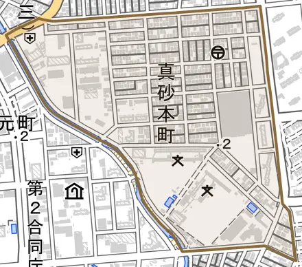 真砂本町とその周辺の地図。町の範囲を重ねている