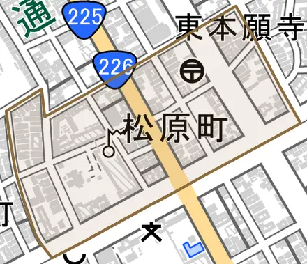松原町とその周辺の地図。町の範囲を重ねている