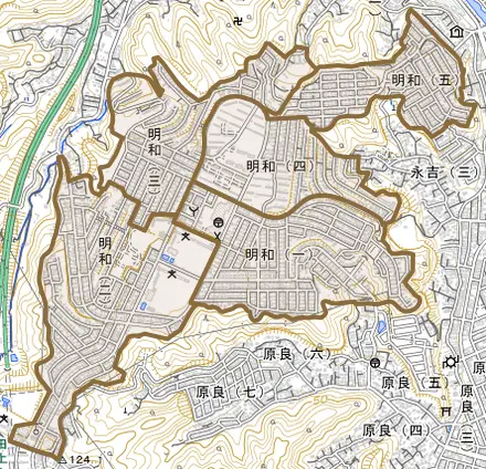 明和とその周辺の地図。町の範囲を重ねている