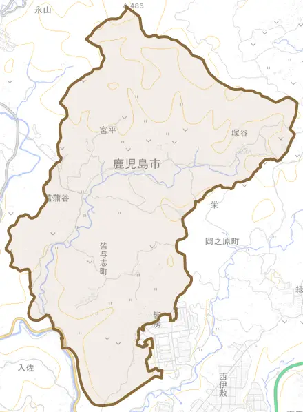 皆与志町とその周辺の地図。町の範囲を重ねている
