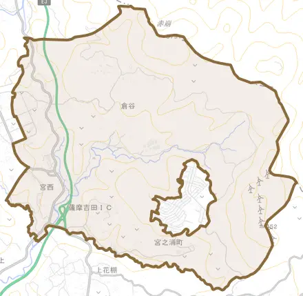 宮之浦町とその周辺の地図。町の範囲を重ねている