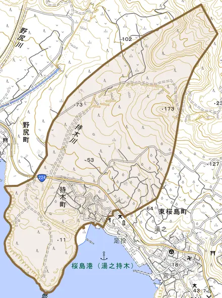 持木町とその周辺の地図。町の範囲を重ねている