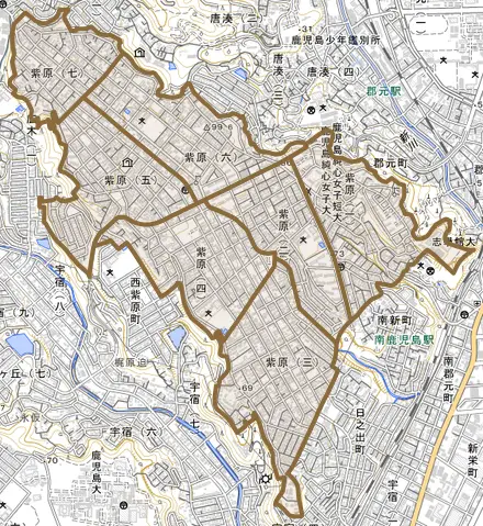 紫原とその周辺の地図。町の範囲を重ねている