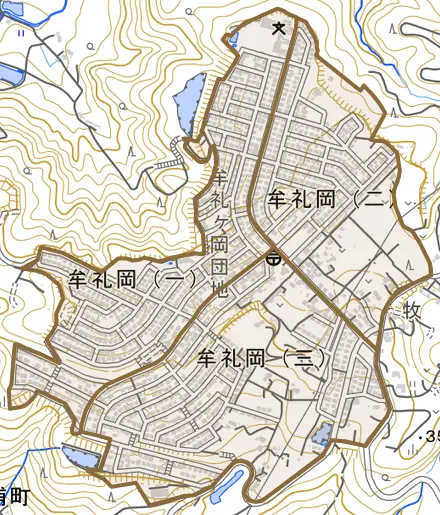 牟礼岡とその周辺の地図。町の範囲を重ねている