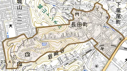 長田町とその周辺の地図。町の範囲を重ねている